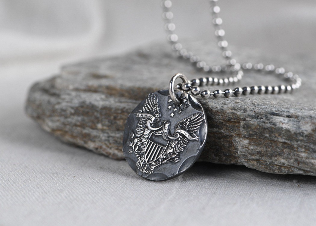 American Eagle Liberty Coin Pendant Men US Great Seal Charm 925 Sterling Silver