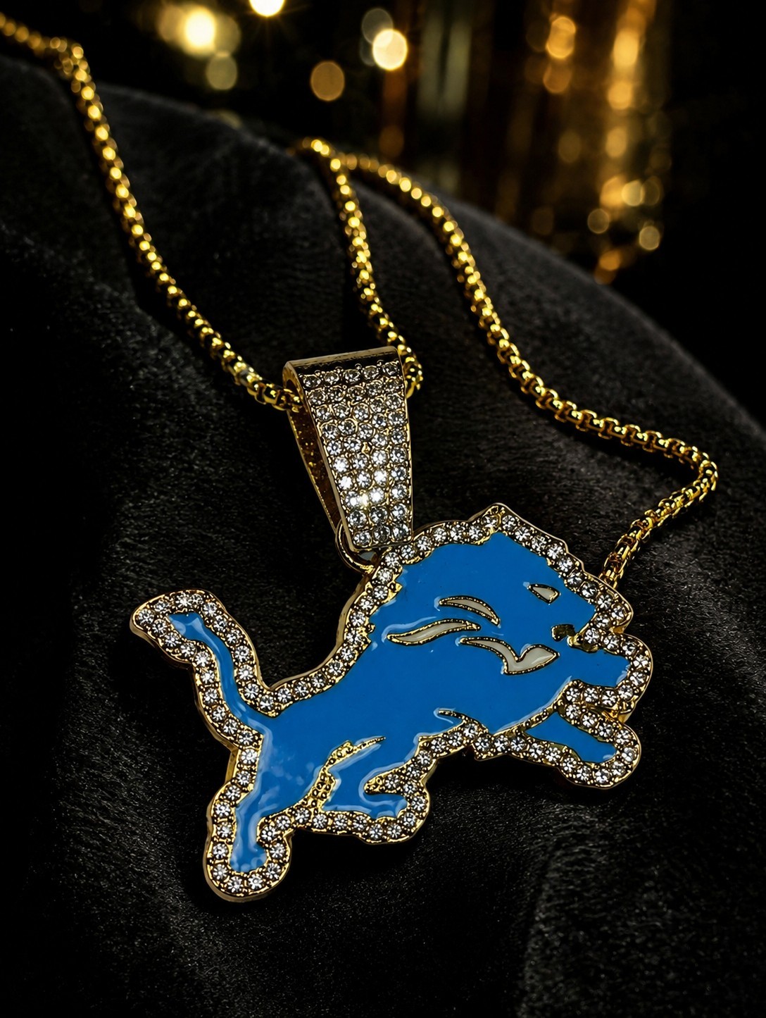 Blue Lion Football Fan Pendant Necklace Gold Tone Iced CZ Hip Hop Chain