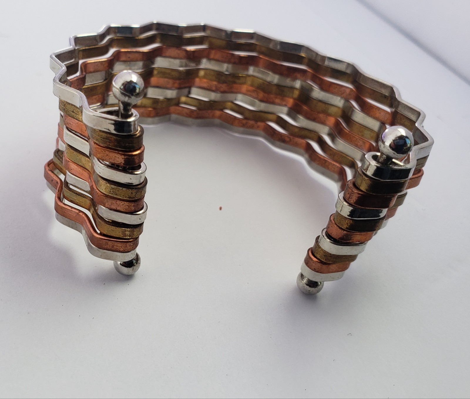 3 Toned Mix Metal Open Back Cuff Bracelet. Zig Zag Lines Silver, Brass, Copper
