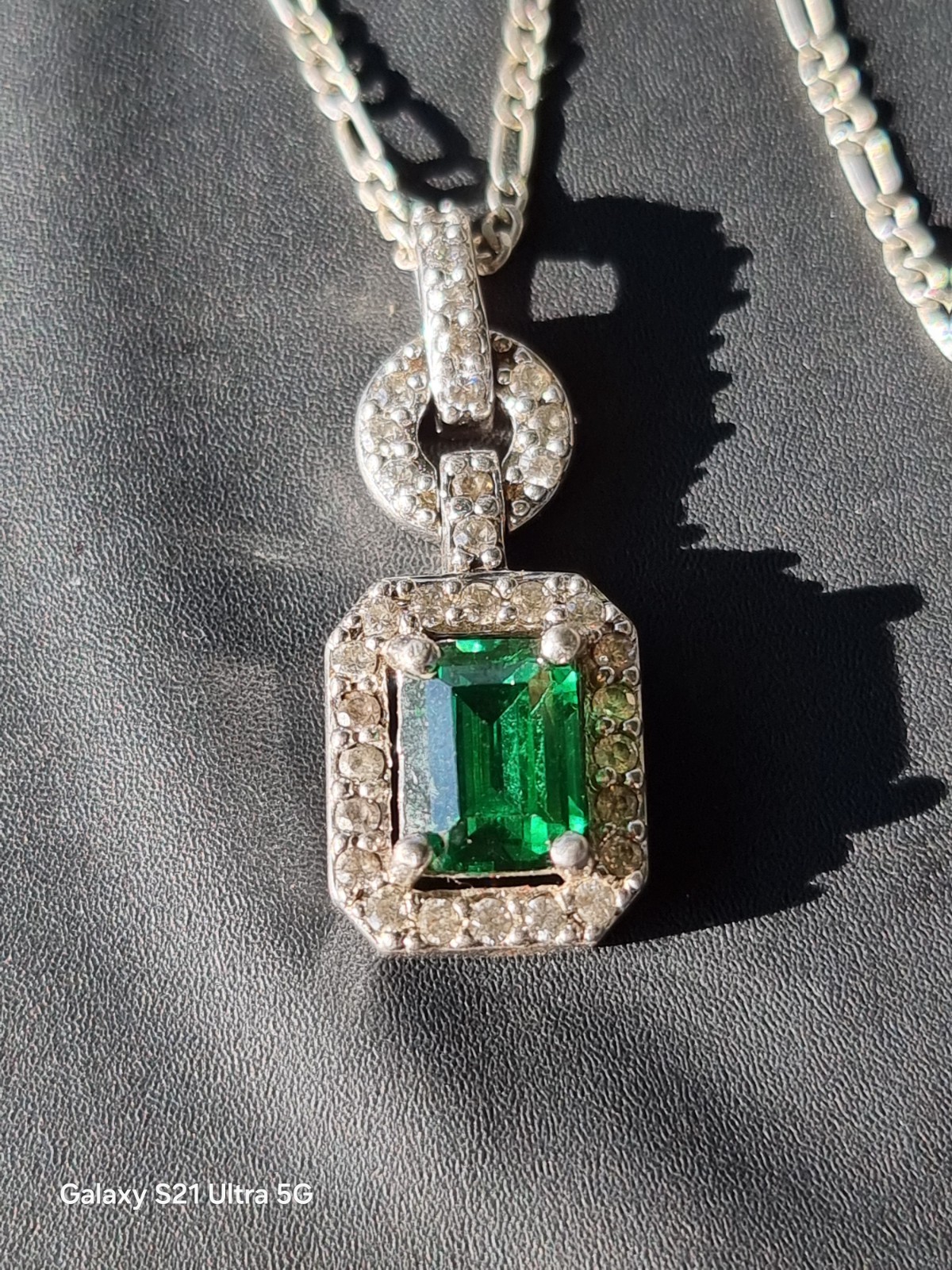 925 Sterling Silver Emerald-Cut Green CZ Halo Pendant on Figaro Chain(Genuine Si