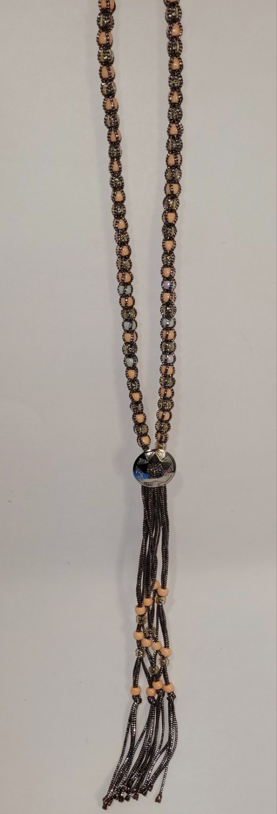 Vintage Western Bolo Tie Brown Silver Cord Silver Tone Concho Beaded Necklace