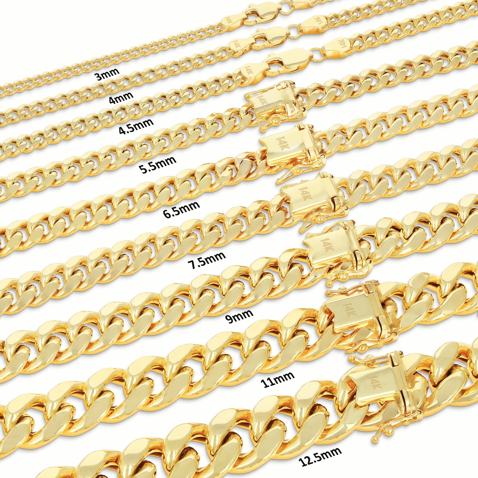 14K Yellow Gold 3mm-12.5mm Miami Cuban Link Chain Necklace Mens Women 16″- 30″