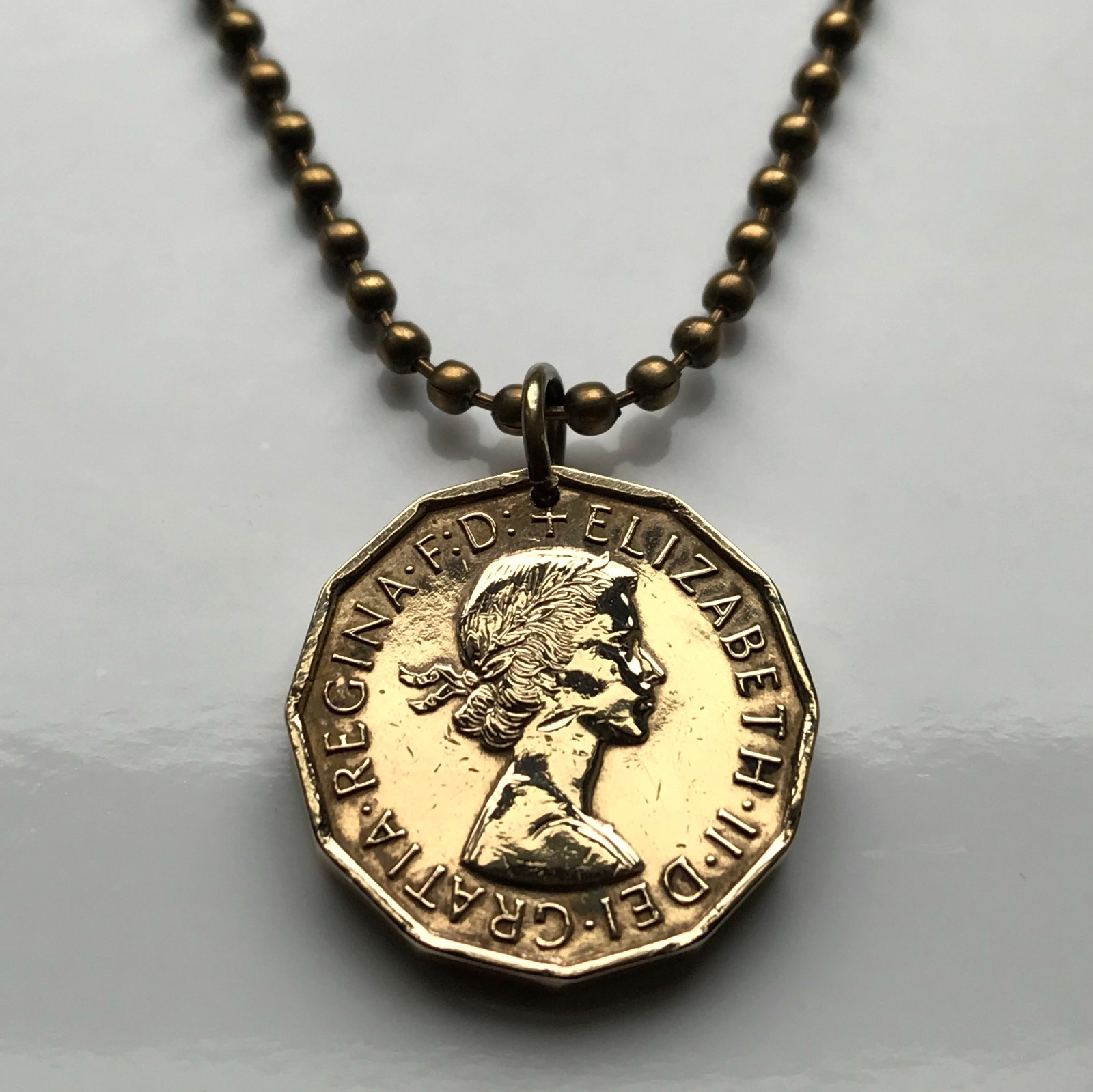 1960 England Britain 3 Pence coin pendant Tudor portcullis castle London n000415