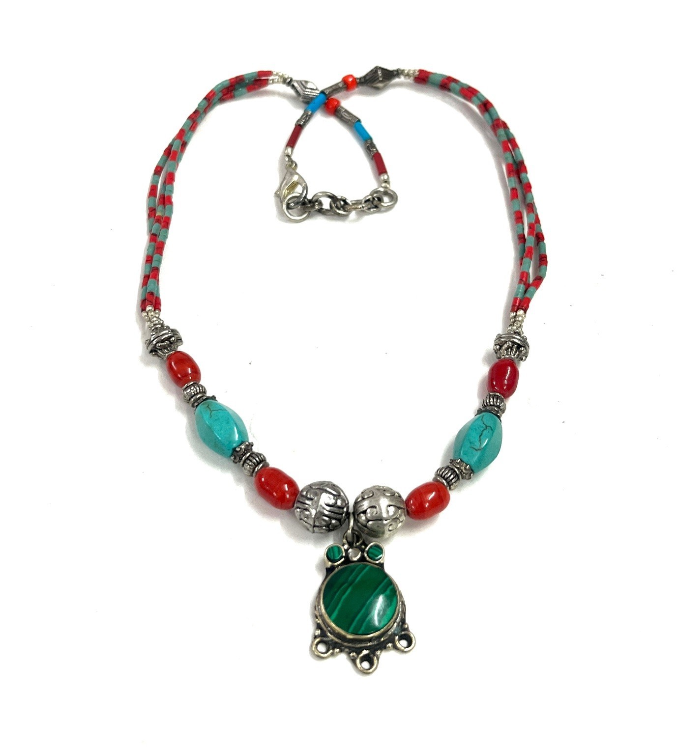 Turquoise Coral Gemstone Tibetan Statement Necklace Jewelry, 17 Inch Adjs