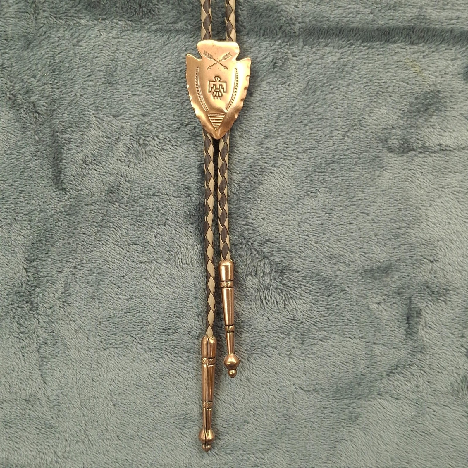 Vtg Solid Copper Thunderbird Crossed Arrows Bolo Tie Western Cowboy
