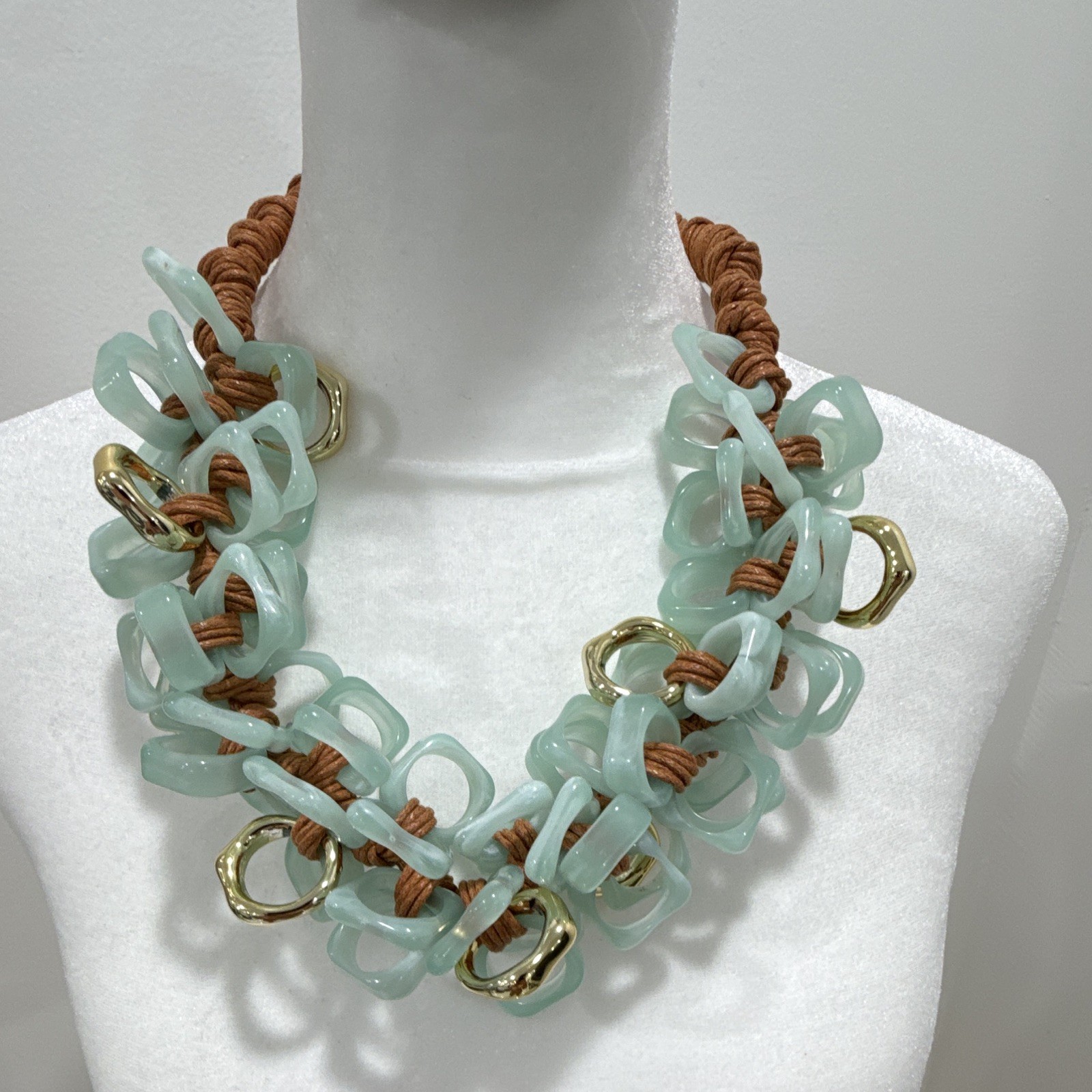 Aqua Acrylic Link Statement Necklace Brown Cord Gold Tone Cable Chain Adjustable
