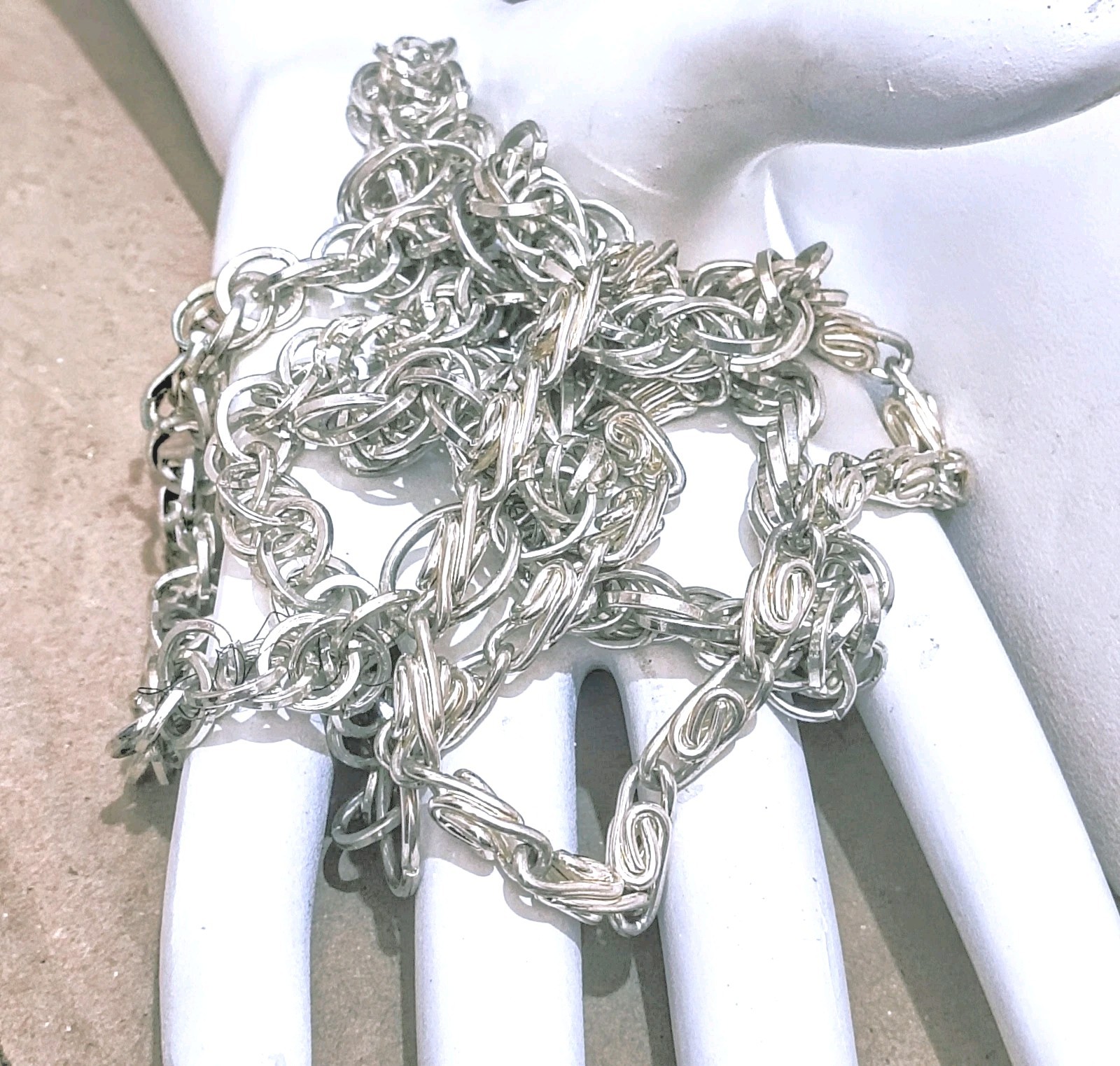Long Thick Silver Tone Chain Necklace 35″ Double Rolo & Double Scroll Chains