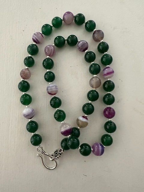 Natural Green and Purple Striped Agate 10 mm Gemstone Round Beads 22 ” Necklace.