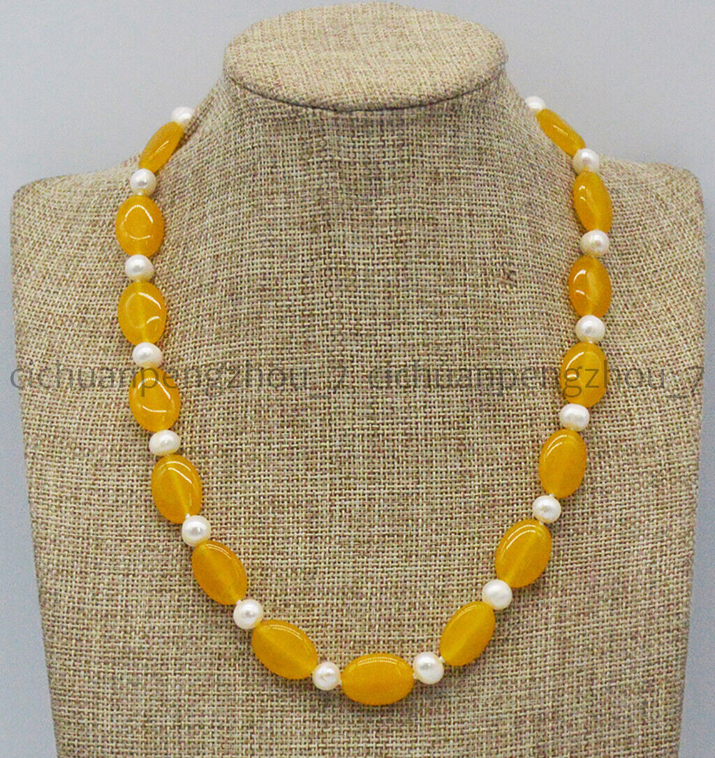 Natural 7-8mm White Freshwater Pearl 13x18mm Oval Yellow Topaz Necklace 14-36”