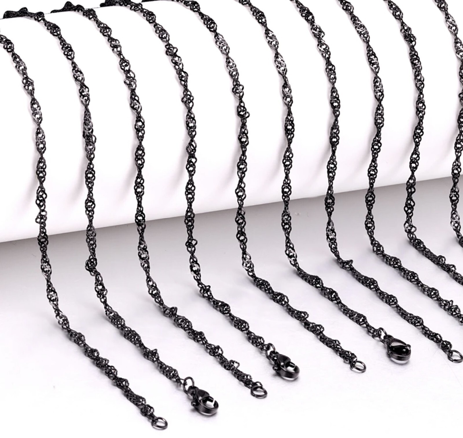 Black Stainless Steel Water Wave Chain Necklace 24 inch length, 2 mm width
