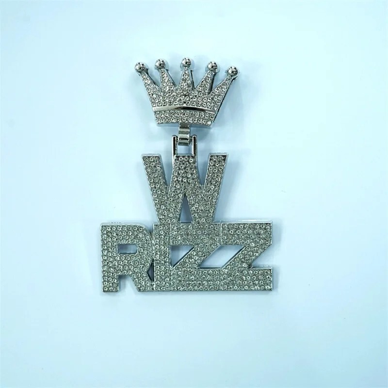 Iced W Rizz Crown Pendant Necklace CZ Bling Hip Hop Miami Cuban Link Chain Mens