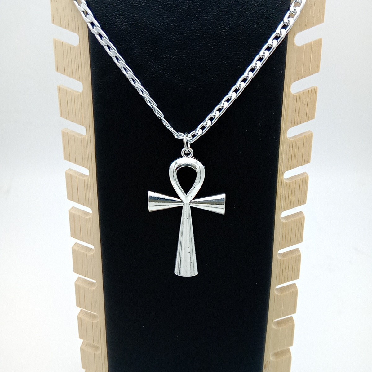 Ankh Necklace Key of Life CROSS Pendant & 24″ Curb Chain Big Vintage silver Tone