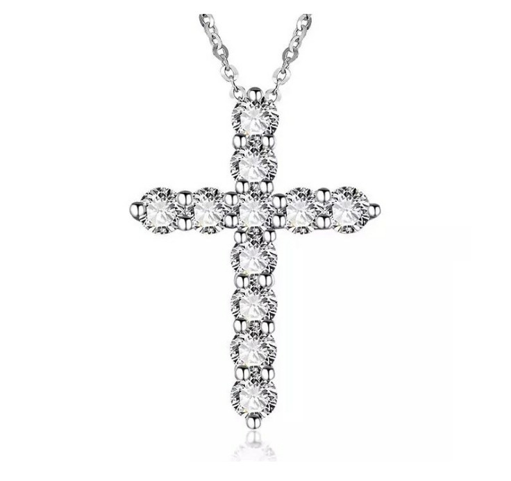 Silver Crystal Cubic Zirconia Cross Pendant Necklace 18″ Chain Gift Box Xmas K38