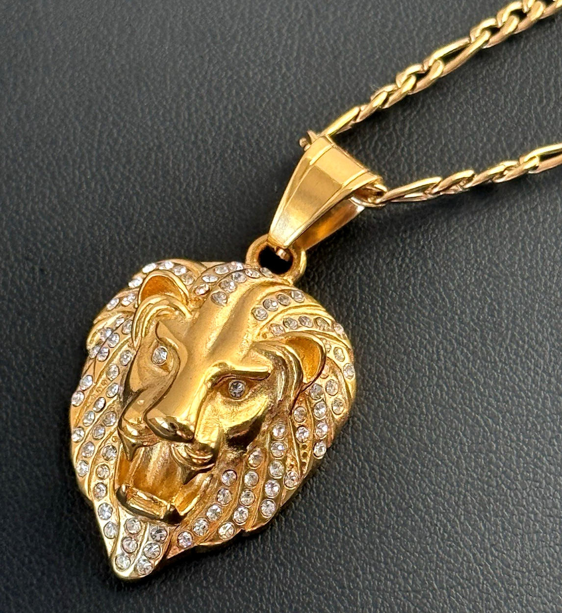 Bold Iced Lion Head Pendant Figaro Chain 24” Gold Tone Men’s Statement Necklace