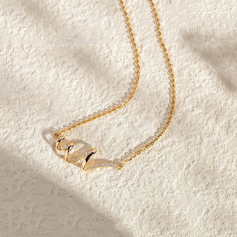 Gold Plated Wave Heartbeat Pendant Tiny Paved CZ Thin Chain Clavicle Necklace