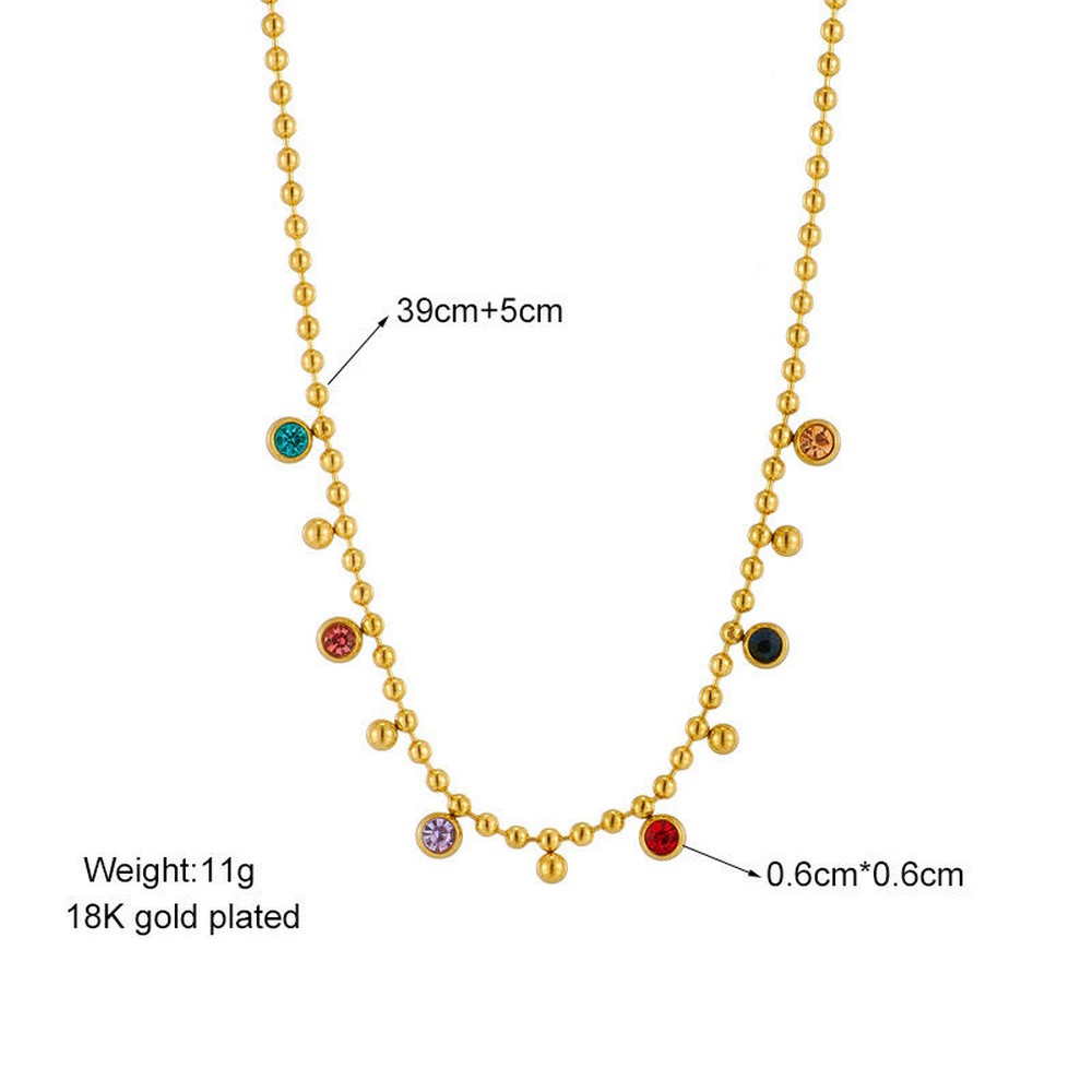 Chain Necklace Stainless Steel Gold Flat Round Pave Cubic Zirconia 15.35 in N102