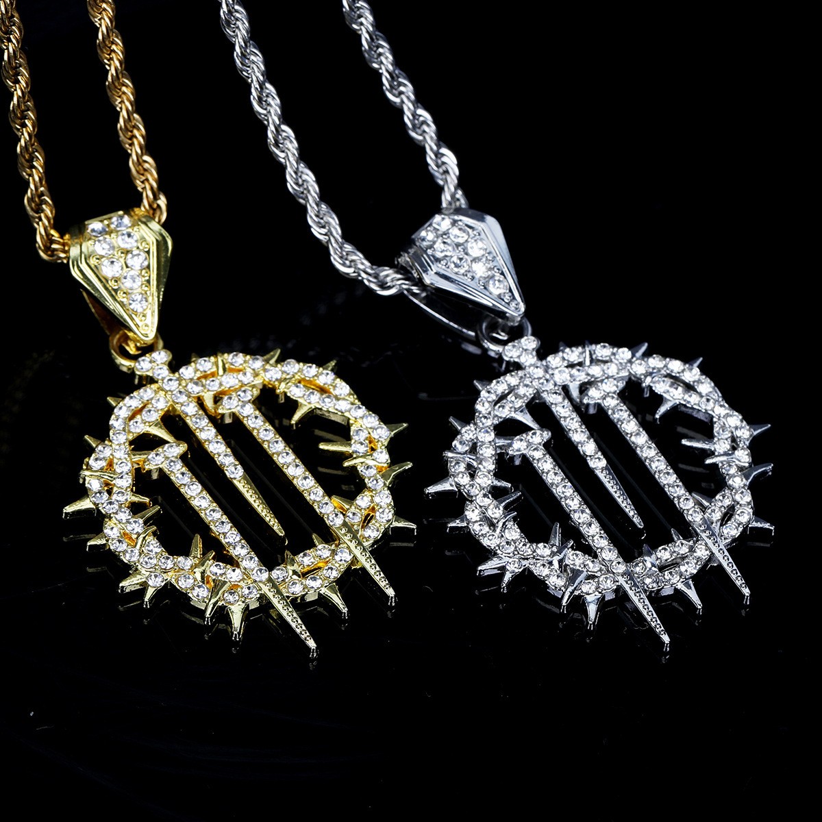 Iced Thorn Spikes Pendant Necklace Stainless Steel Twisted Rope Chain Unisex