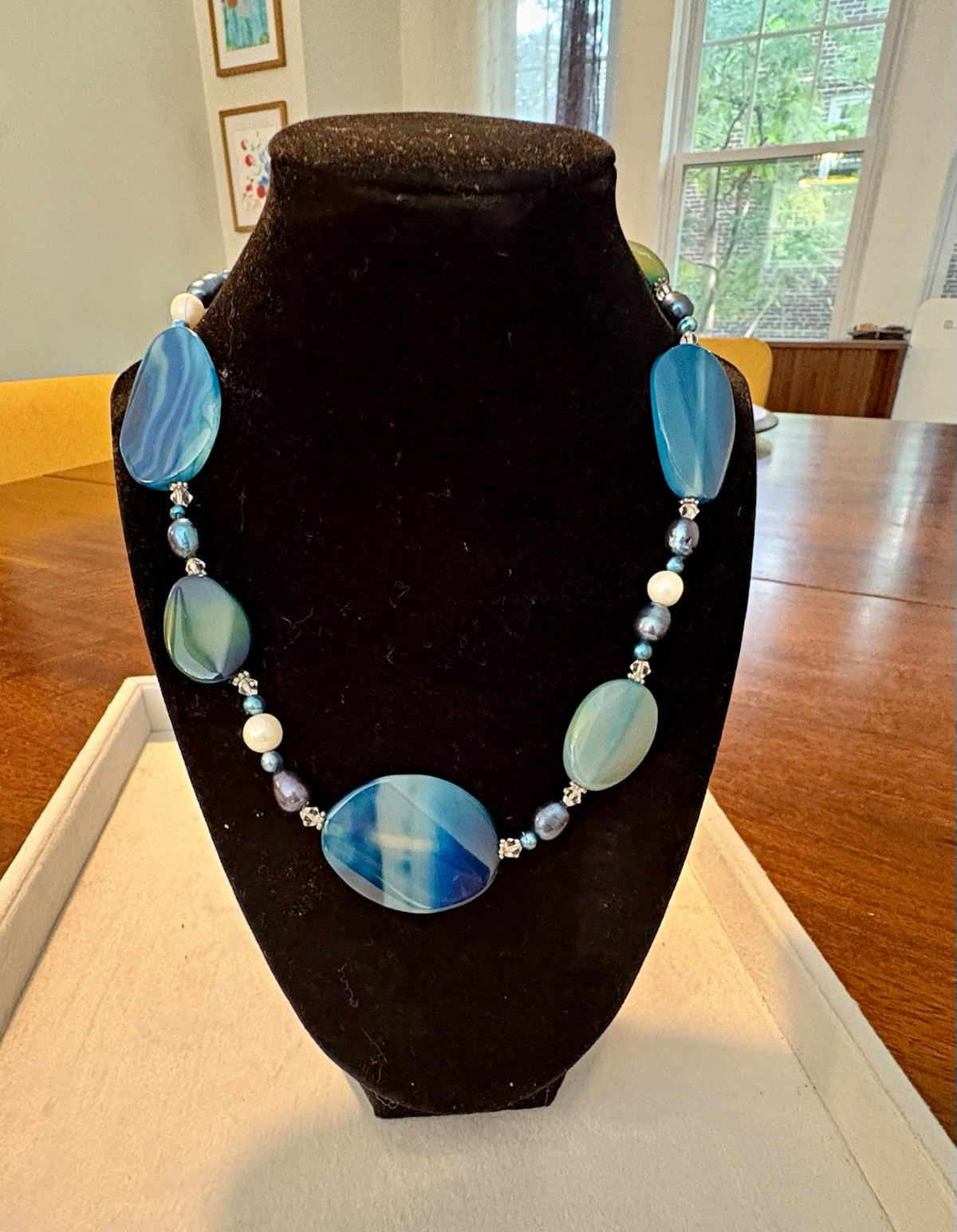 Blue Agate Oval Beaded Necklace w/ Glass Accent Ball Chain magnetic clasp