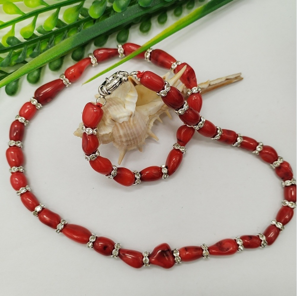 New Natural 8-12 Millimeter Red Coral Gemstone Oval Pearl Necklace 16-36 Inches