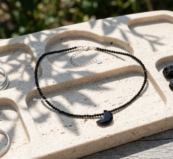 Black Obsidian Moon Pendant Choker Dainty Healing Protection Crystal Necklace