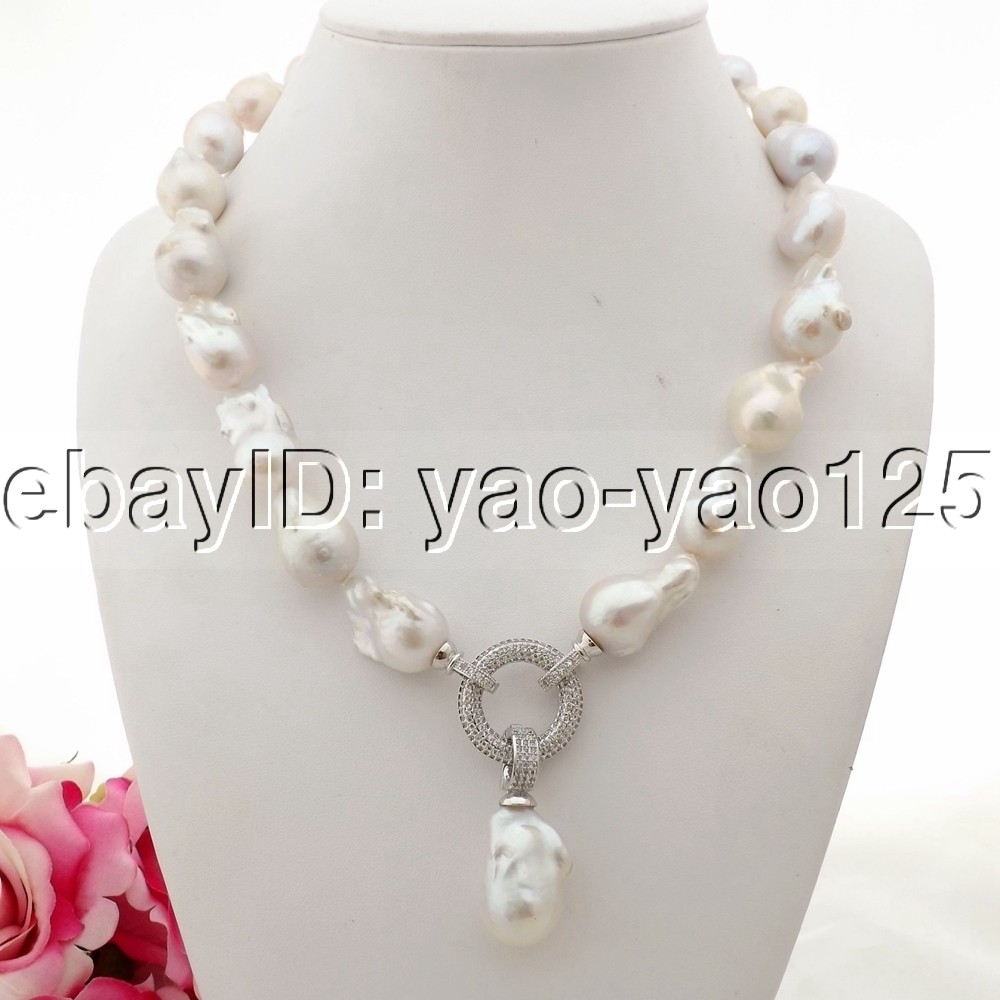 K093005 20″ White Keshi Pearl Necklace CZ Pendant