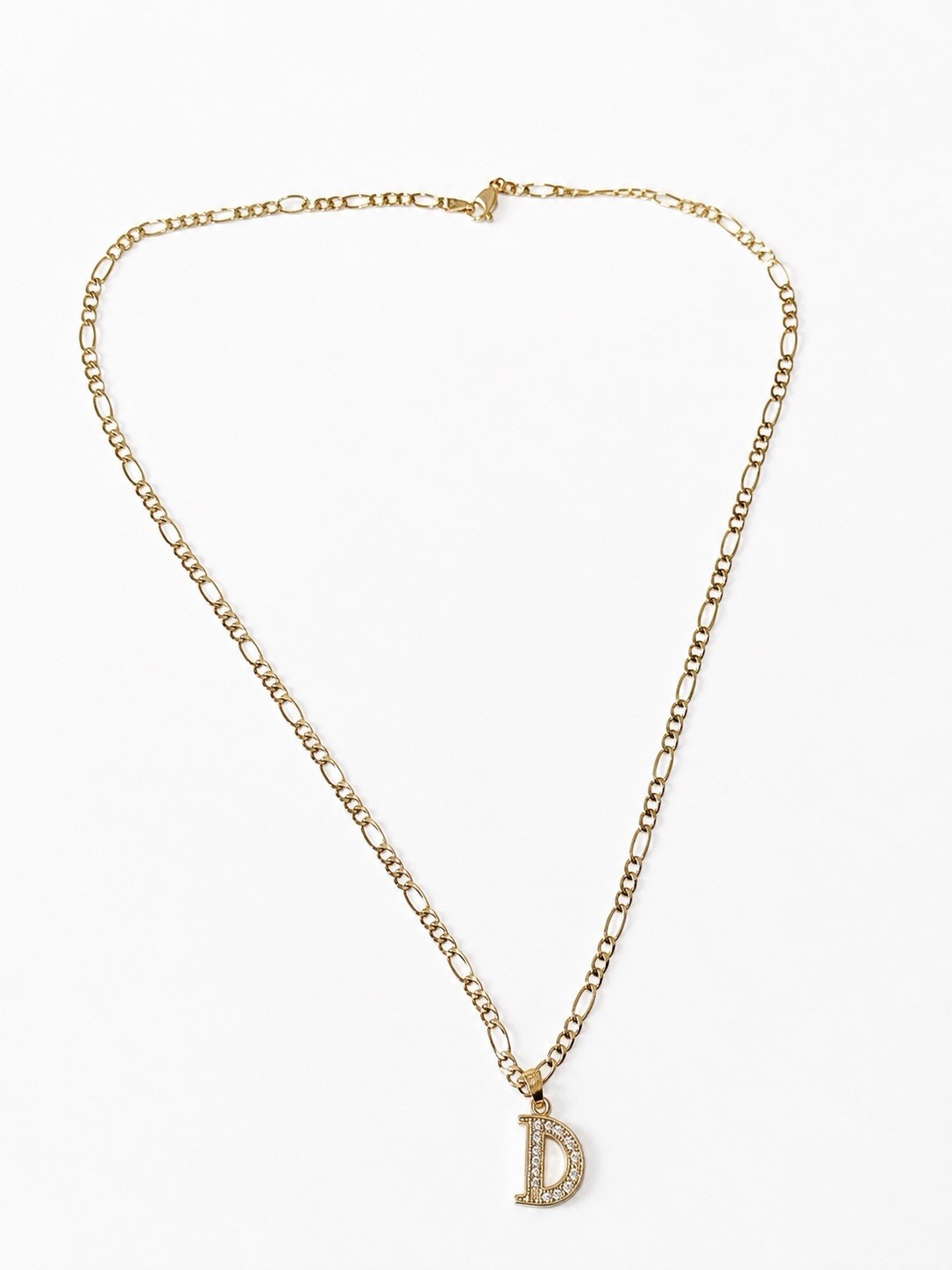 10K Gold Figaro Chain Necklace with 10K Gold Pavé Clear Cubic Zirconia Letter D