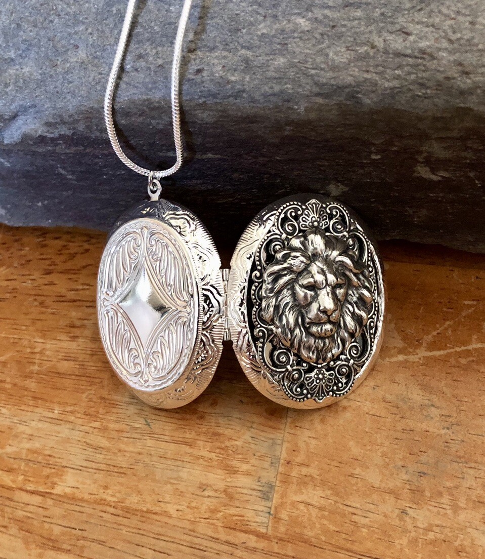 Lion Head Locket Necklace Art Nouveau Photo Pendant, 925 Sterling Silver Chain
