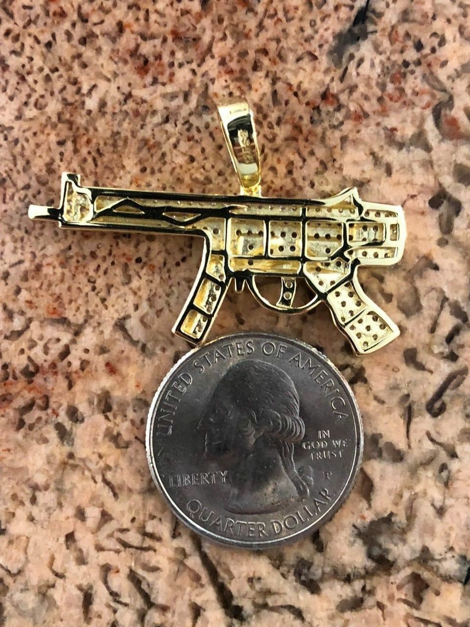 Real Solid 925 Silver AK-47 Machine Gun CZ Piece Super Icy Pendant W. Chain