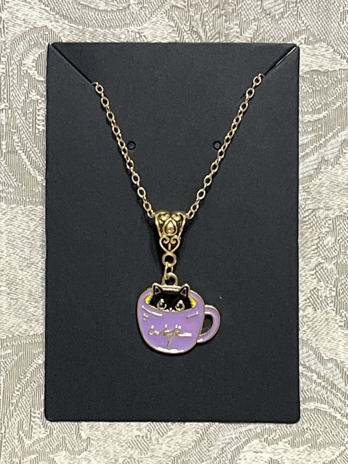 Cat Purple Coffee Cup Enamel Pendant Gold Bohemian Novelty Fashion Necklace 18”