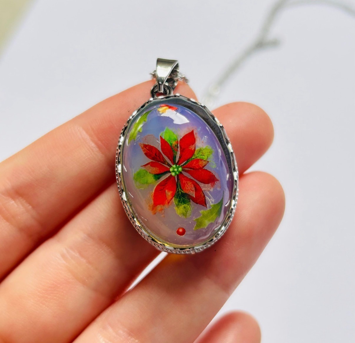Opal Poinsettia Necklace | October Birthstone | Christmas Floral Pendant |