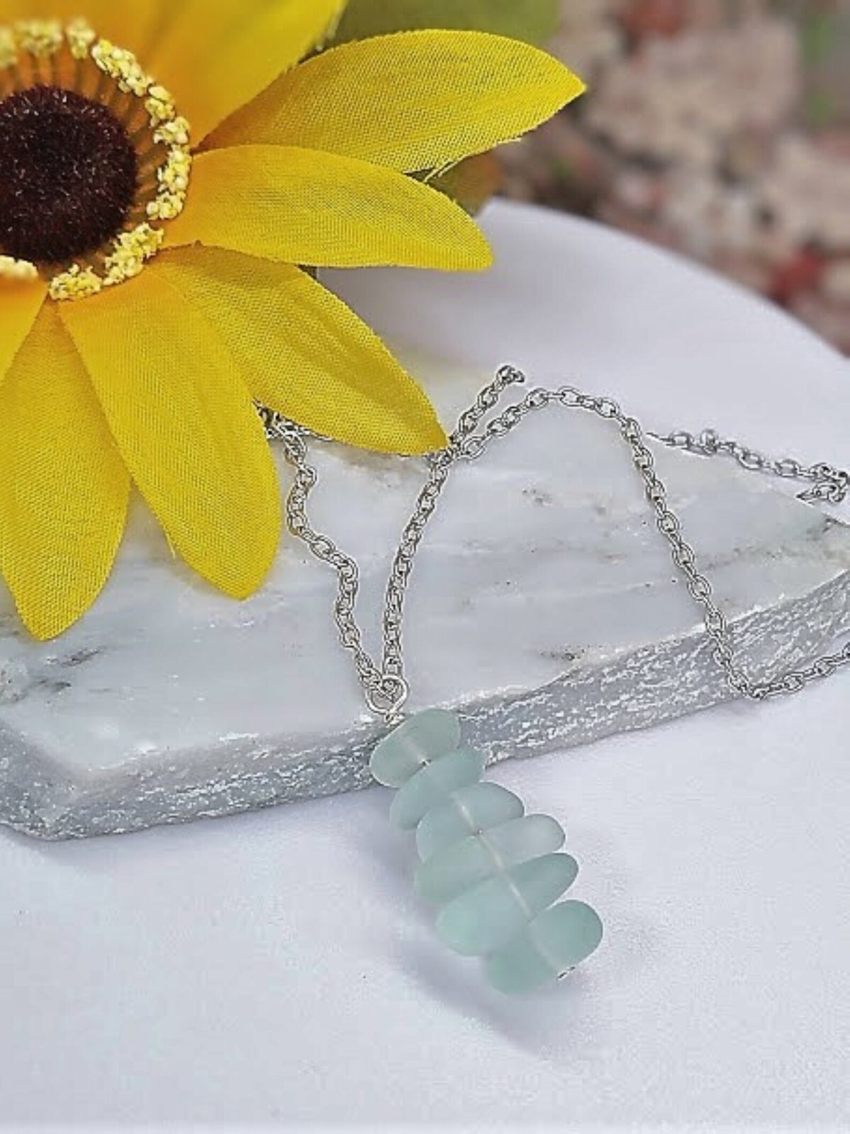 Aqua Blue Stacked Sea Glass Beach Pendant Necklace Ocean Lover’s Gift Beach