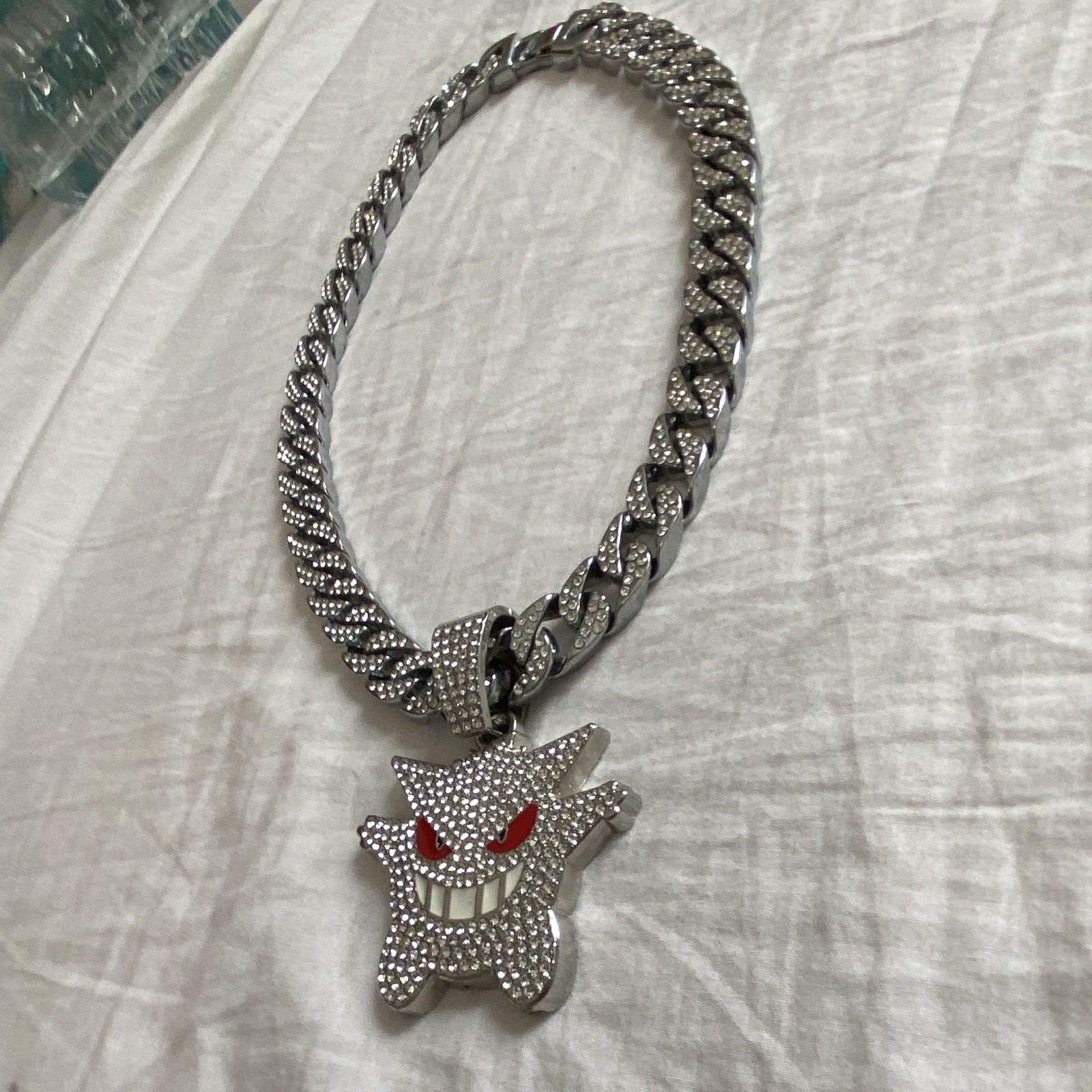 Silver Cuban Link Chain Necklace Gengar Charm Pendant Pavé Rhinestone Box