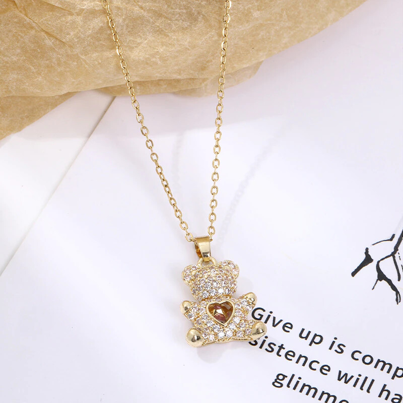 Women’s Fashion Gold Or Silver Teddy Bear Pink Heart Cubic Zircon Necklace 1-264