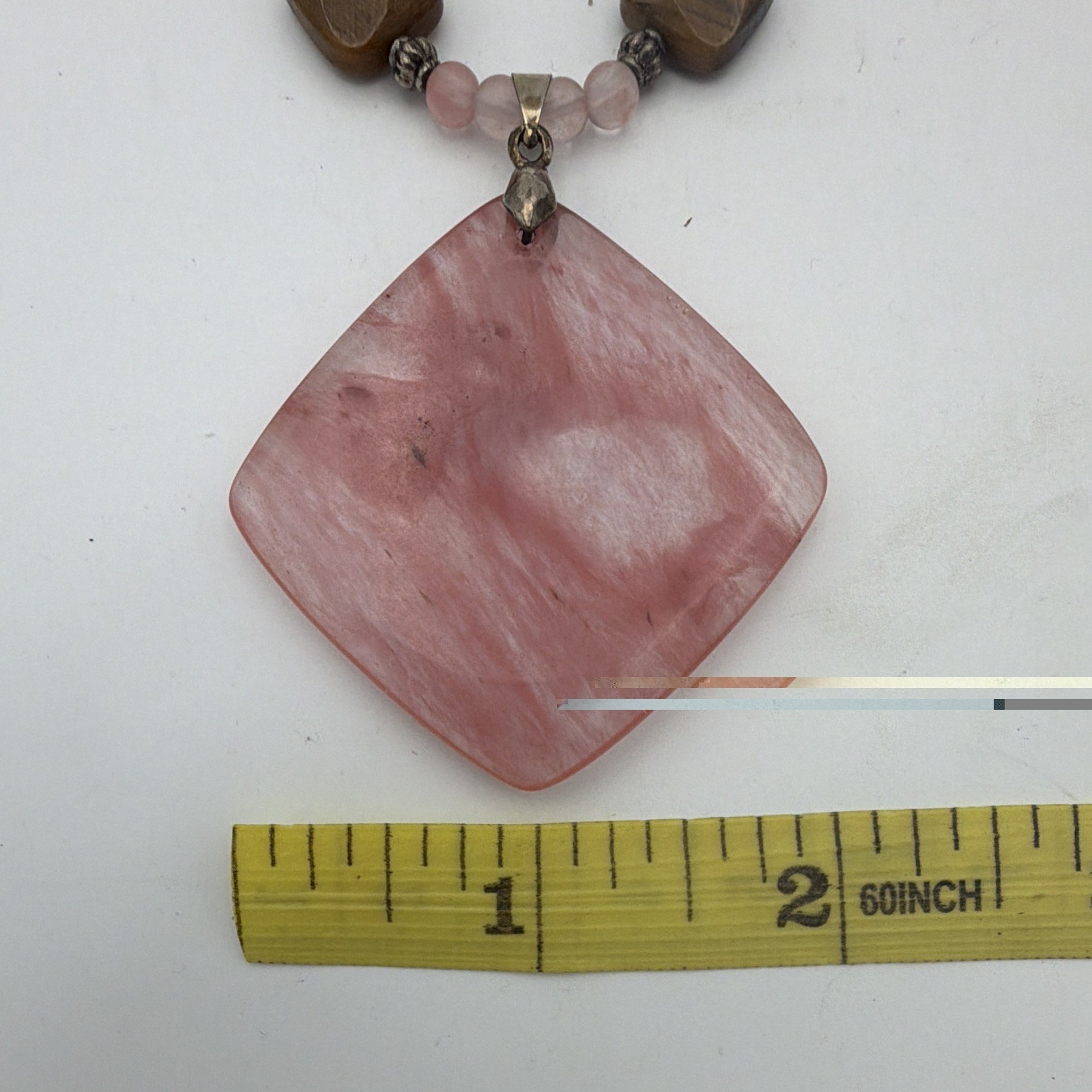 Pink & Brown Stone Beaded Necklace Square Pink Charm Pendant S Hook 20 in