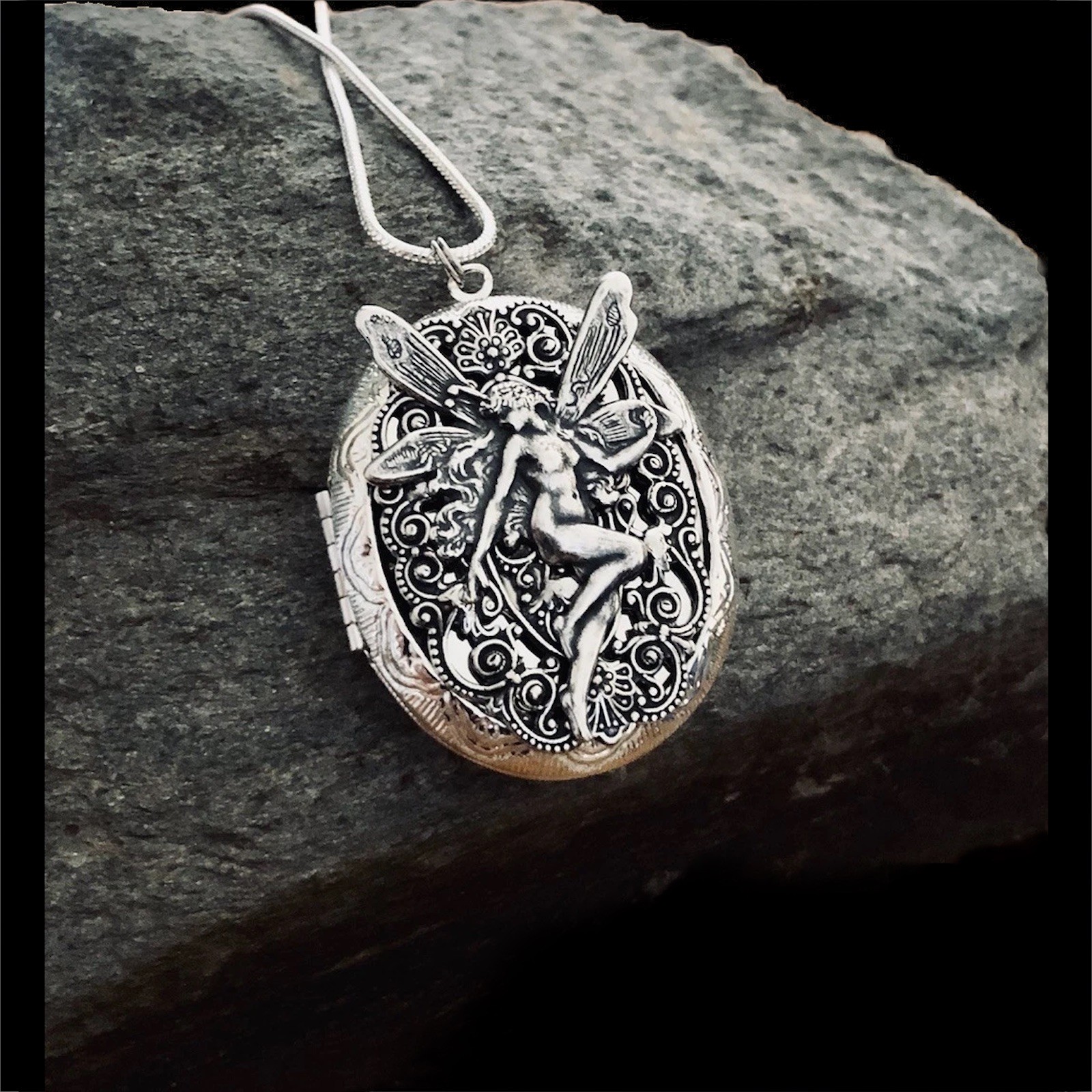 Fairy Locket Necklace, Photo Memorial Keepsake Pendant, Sterling Silver Chain