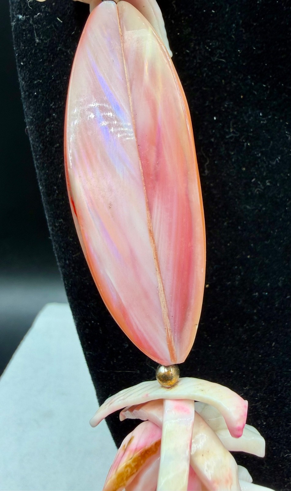 Vintage Pink Queen Conch Shell Statement Necklace Chunky Boho Heishi 1970s 26″