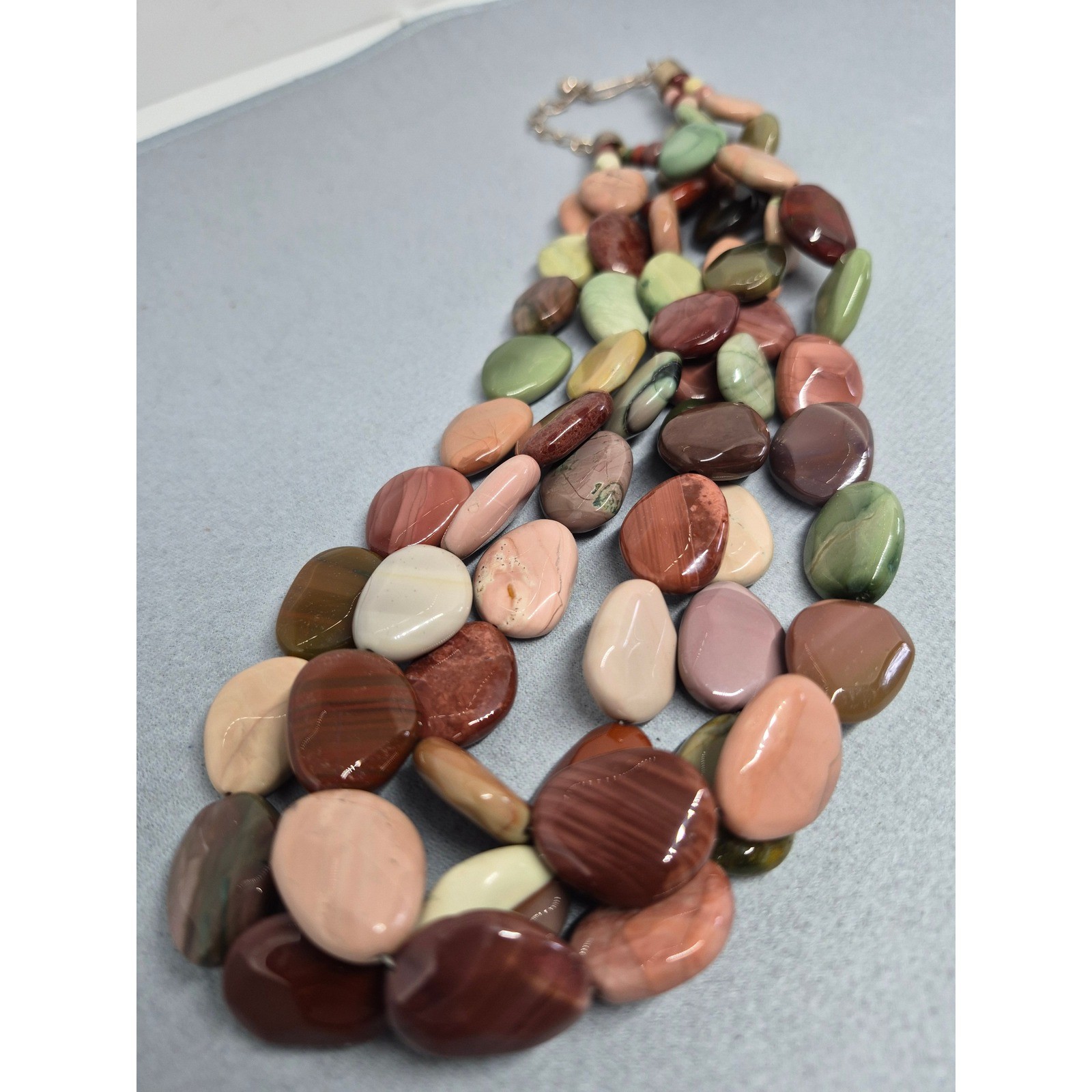 DB China 925 Jasper Necklace Multicolored Stone Triple Strand Statement