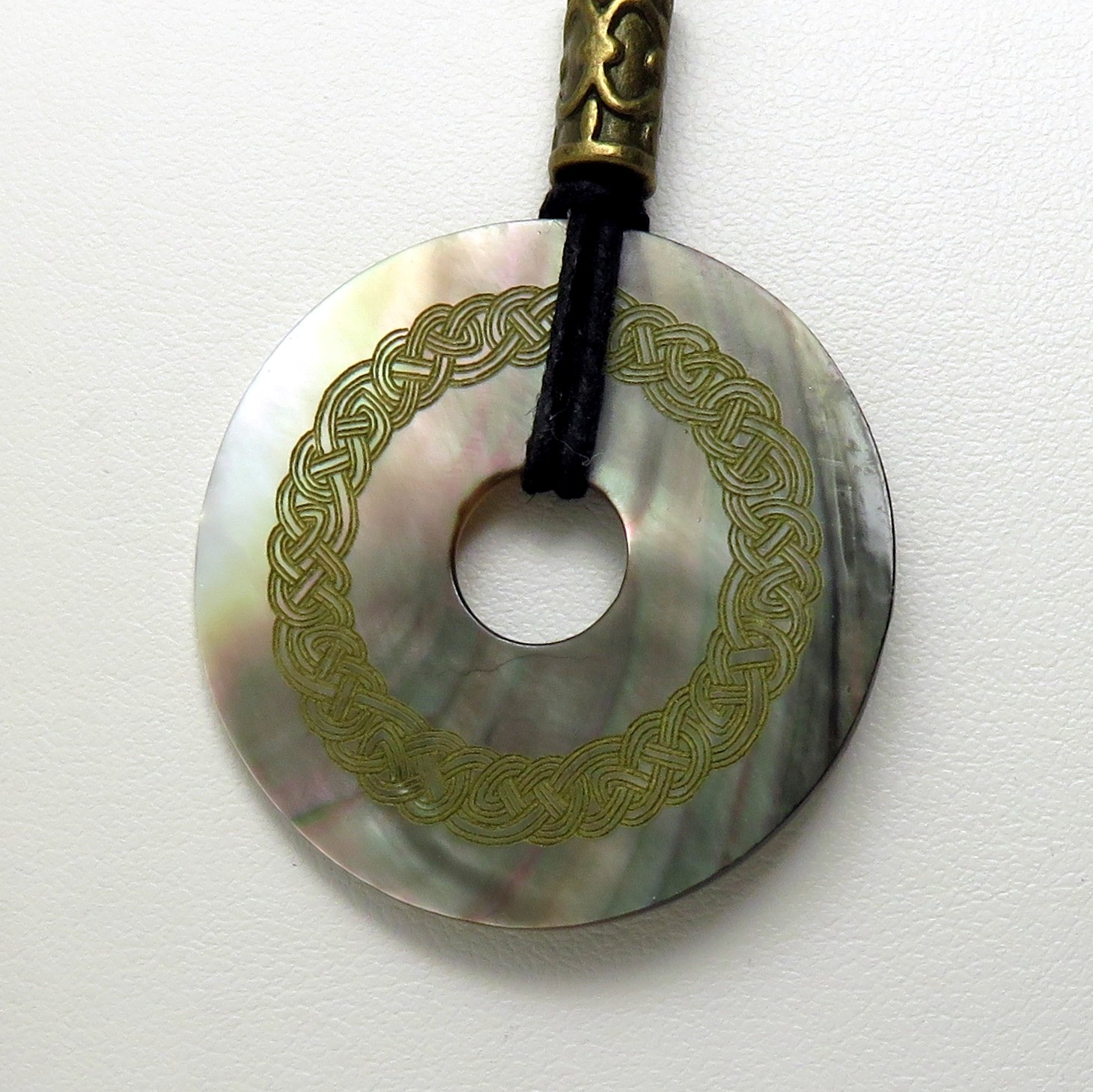 Celtic Knot Engraved Shell Donut Necklace with Waxed Cotton Cord – Adjustable