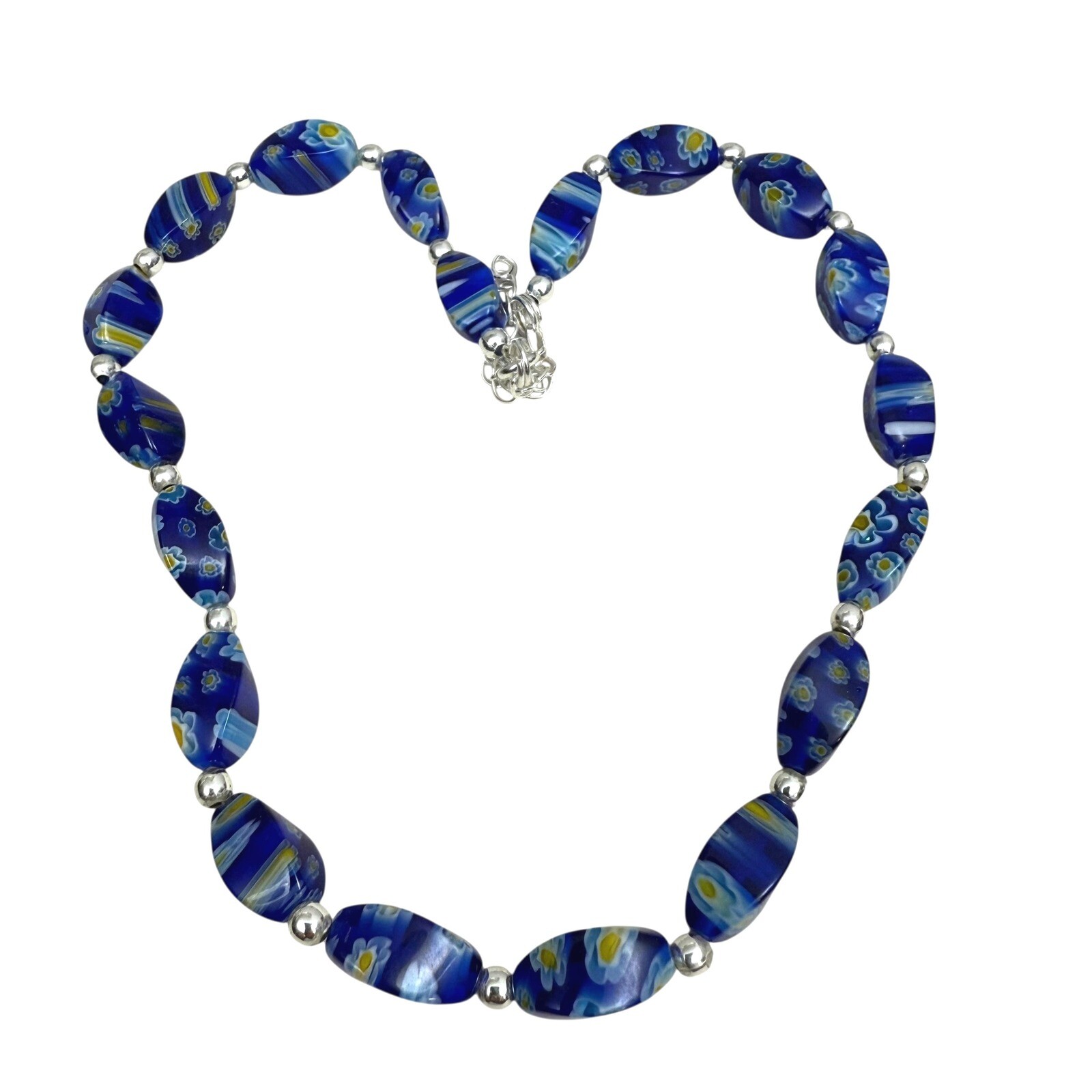 925 Silver Blue Millefiori Glass Beaded Necklace Floral Collar Accent 7.5 in L