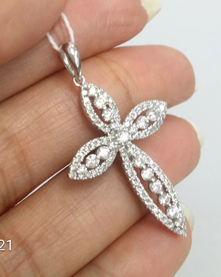 14k White Gold Plated 1.20 Ct Round Simulated Diamond Cross Pendant With Chain