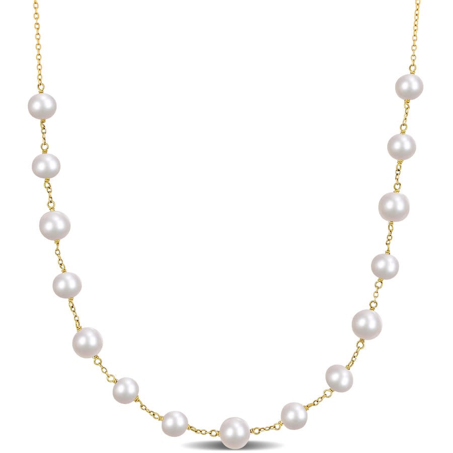 AMOUR 6.5-8.5 Mm Cultured Freshwater Pearl Tin Cup Necklace In 18k Gold Plated