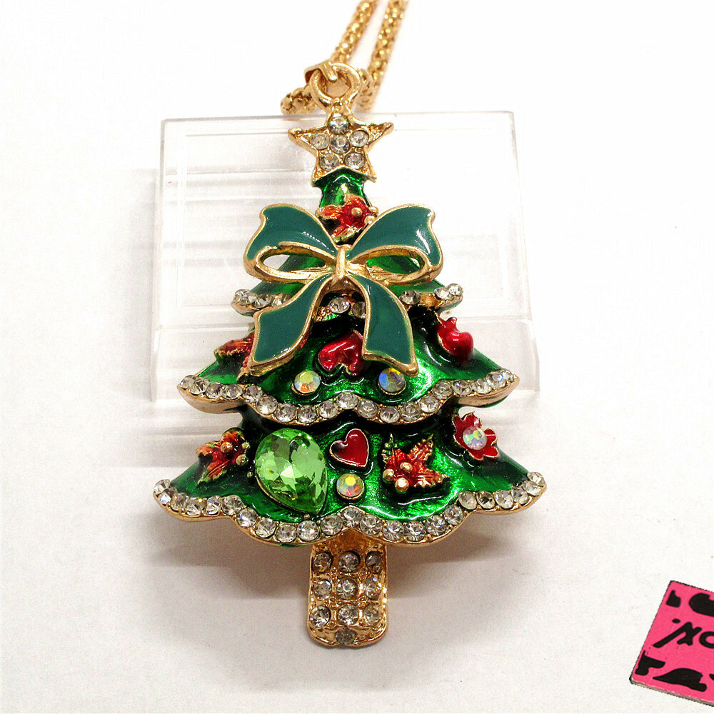 New Fashion Women Green Enamel Christmas Tree Crystal Sweater Chain Necklace