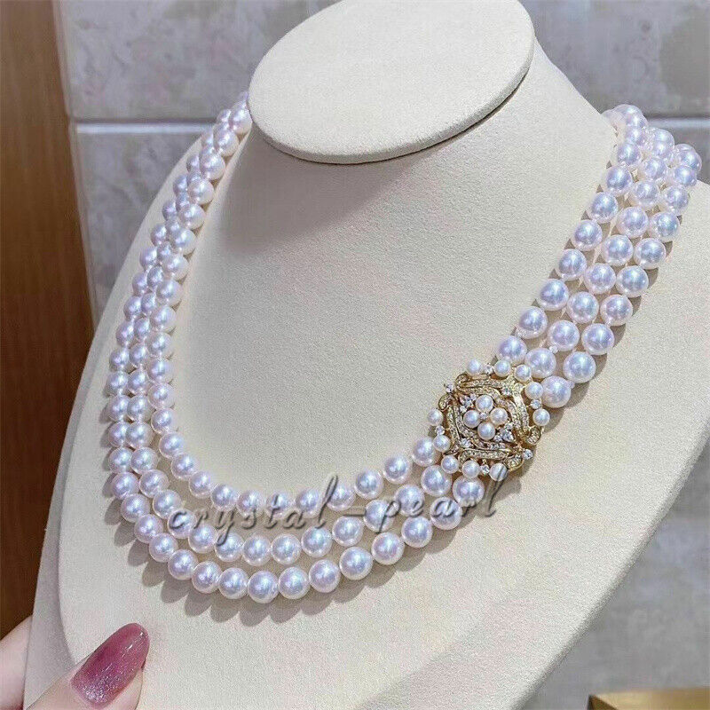 Triple Strands AAA 7-8mm Natural Akoya White Pearl Necklace 18″ Silver