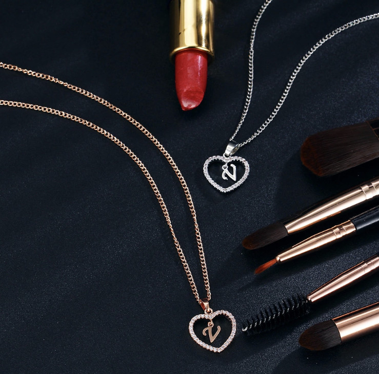 Letter Heart Necklace – Rose Gold Pendant Crystal Rhinestone Inital Charm Bling