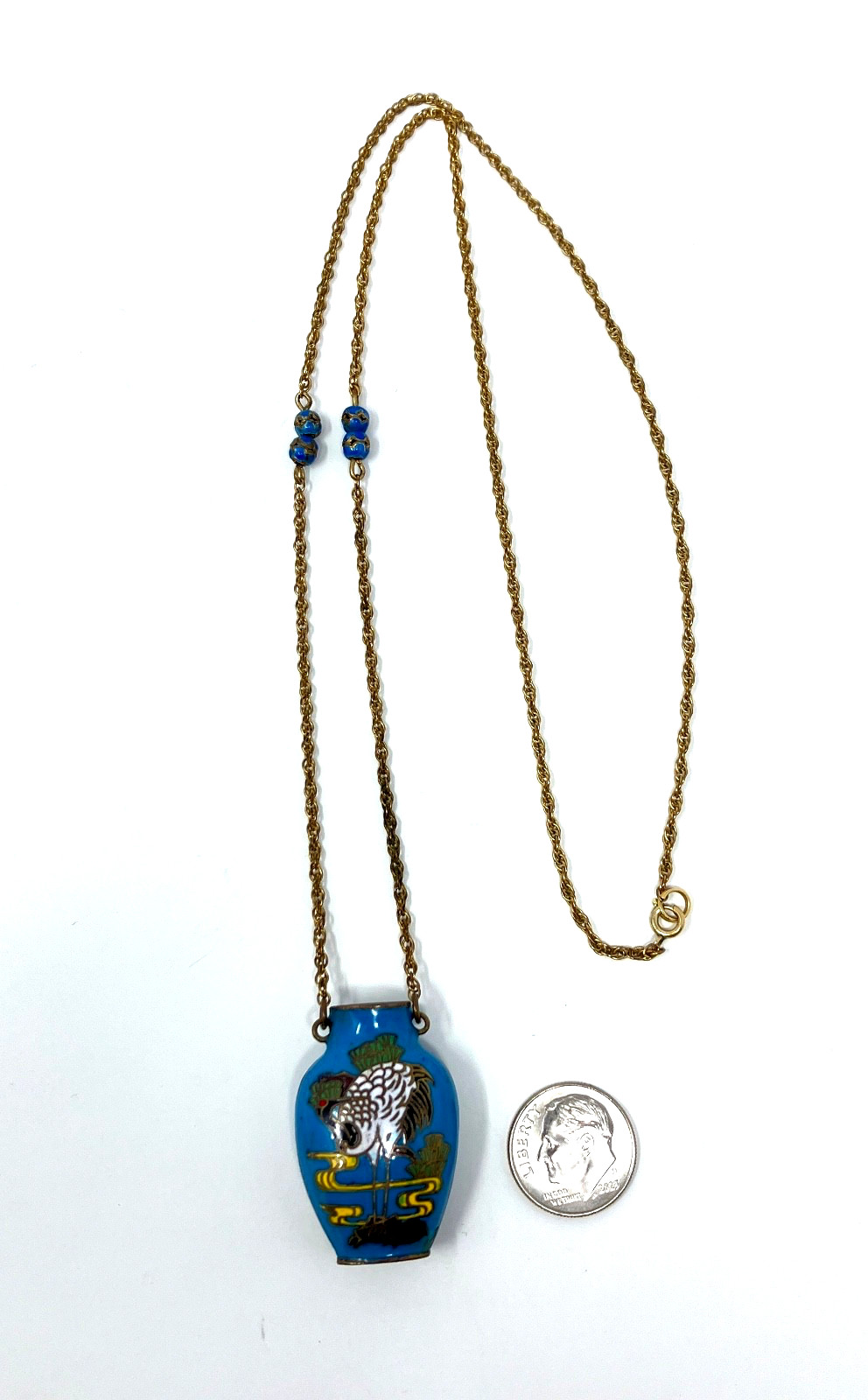 Vintage Cloisonne Blue Vase Crane Bird 1/20 12KT gold filled Chain 24″ Necklace