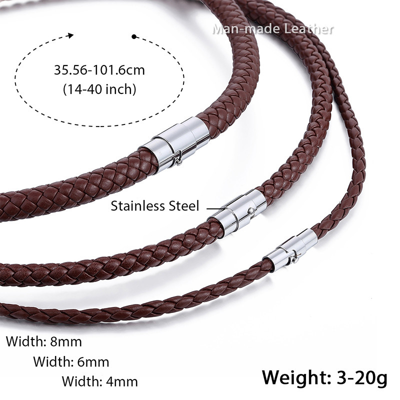4/6/8mm 16″-36″ Black Braided Leather Cord Necklace Choker Steel Magnetic Clasp