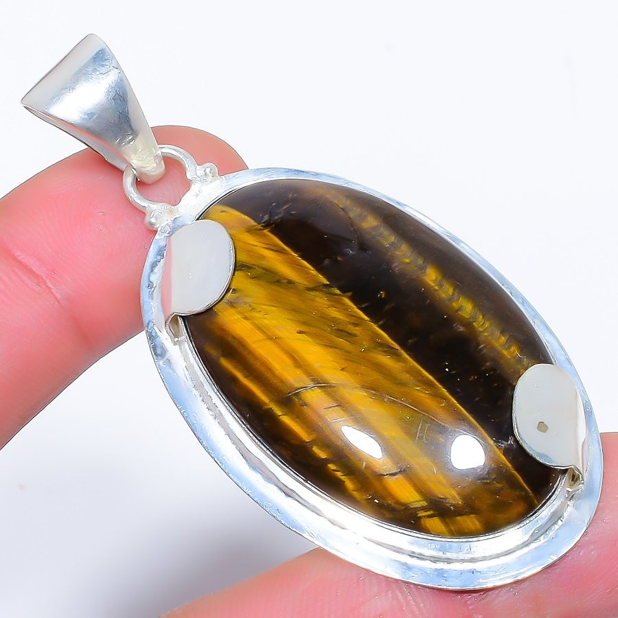 Natural Tiger’S Eye Gemstone 925 Silver Plated Jewelry Pendant 2.5″ M1416