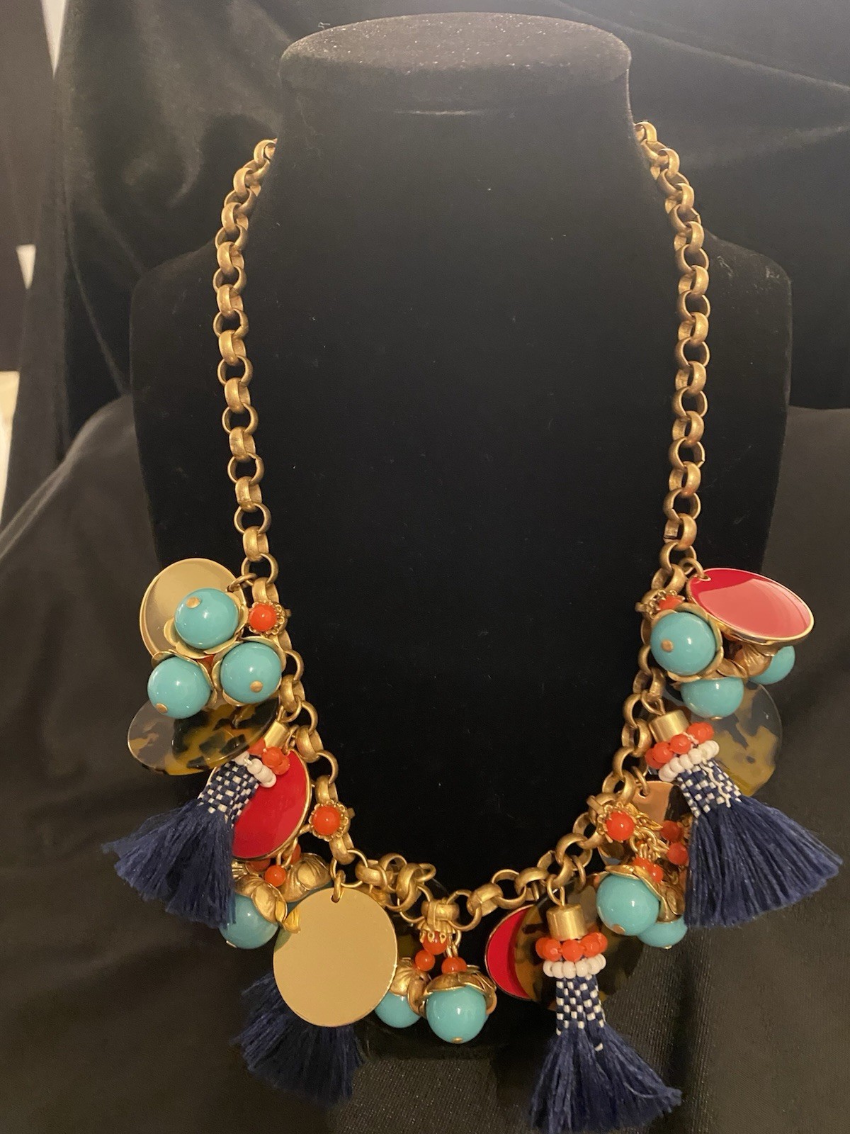 J.CREW Gold Tone Charm Tassel Pendant Necklace Blue Red Round Link Toggle Signed