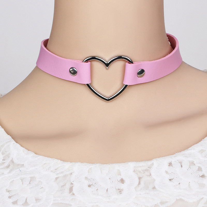 Heart Choker Necklace Faux Leather Collar Black Pink Adjustable Rivet Chocker