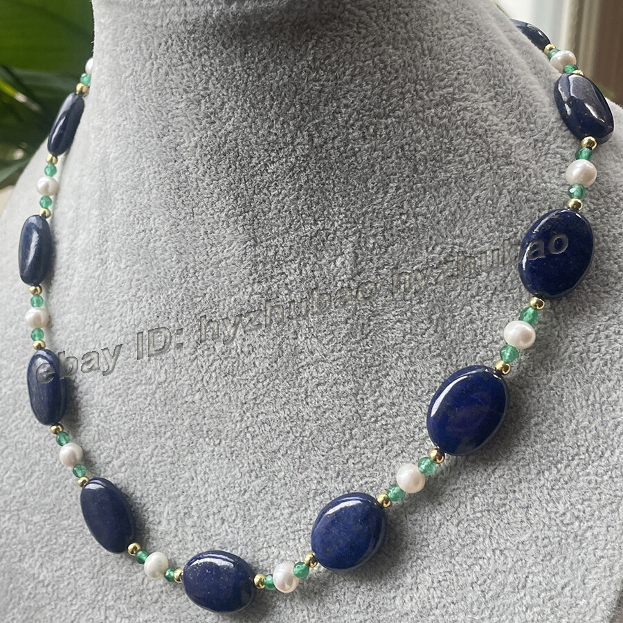 14-36″ 13x18mm Oval Blue Lapis Lazuli &White Pearl &Green Emerald Beads Necklace
